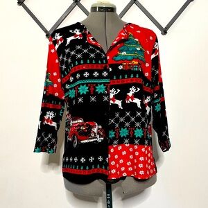 Take Two Womens Large Button-Down Christmas Cotton Blouse Sequin